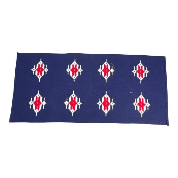 Vintage Navajo Inspired Southwest Woven Rug Geometric Red White Navy Blue Runner - Picture 7 of 7